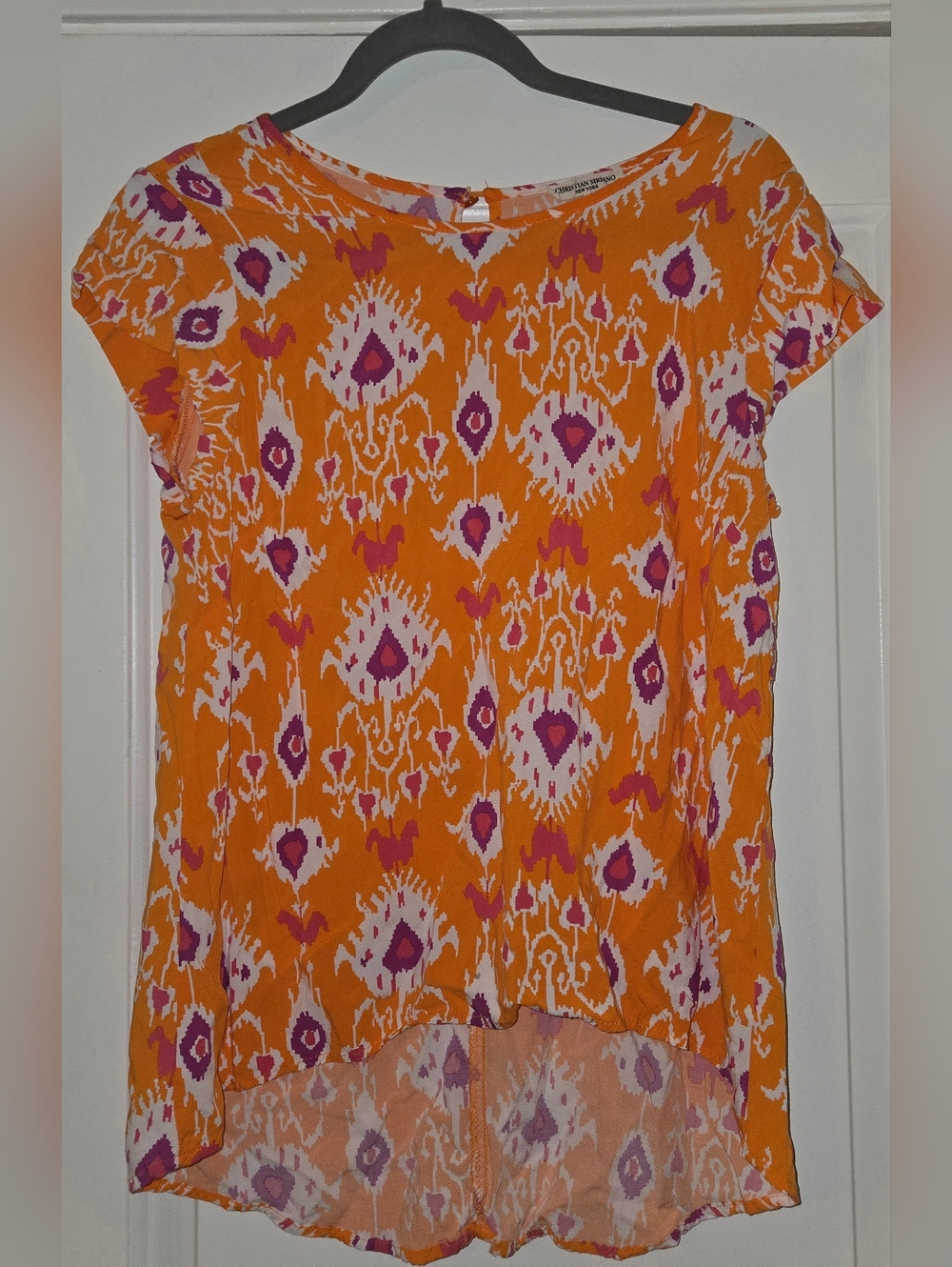 Christian Siriano Women's Orange Print Hi Low Cap-Sleeve Blouse L